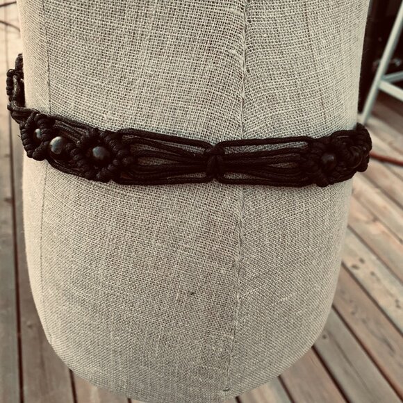 Vintage Y2K Boho Hippie Wood Beaded Black Leather Cord Rope Fringe Tie Hip Belt - Picture 4 of 9